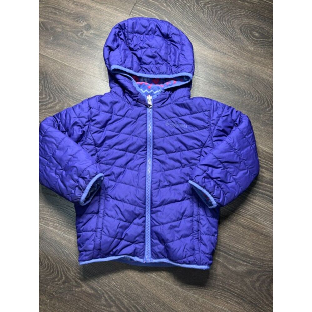 Columbia Girls 4T Reversible Hooded Jacket Purple Puffer Fair Isle Fleece Coat